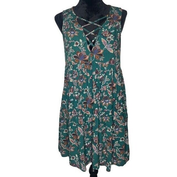 American Eagle Viscose Green Sleeveless Lace Front Tiered Shift Dress Size S - Picture 1 of 9